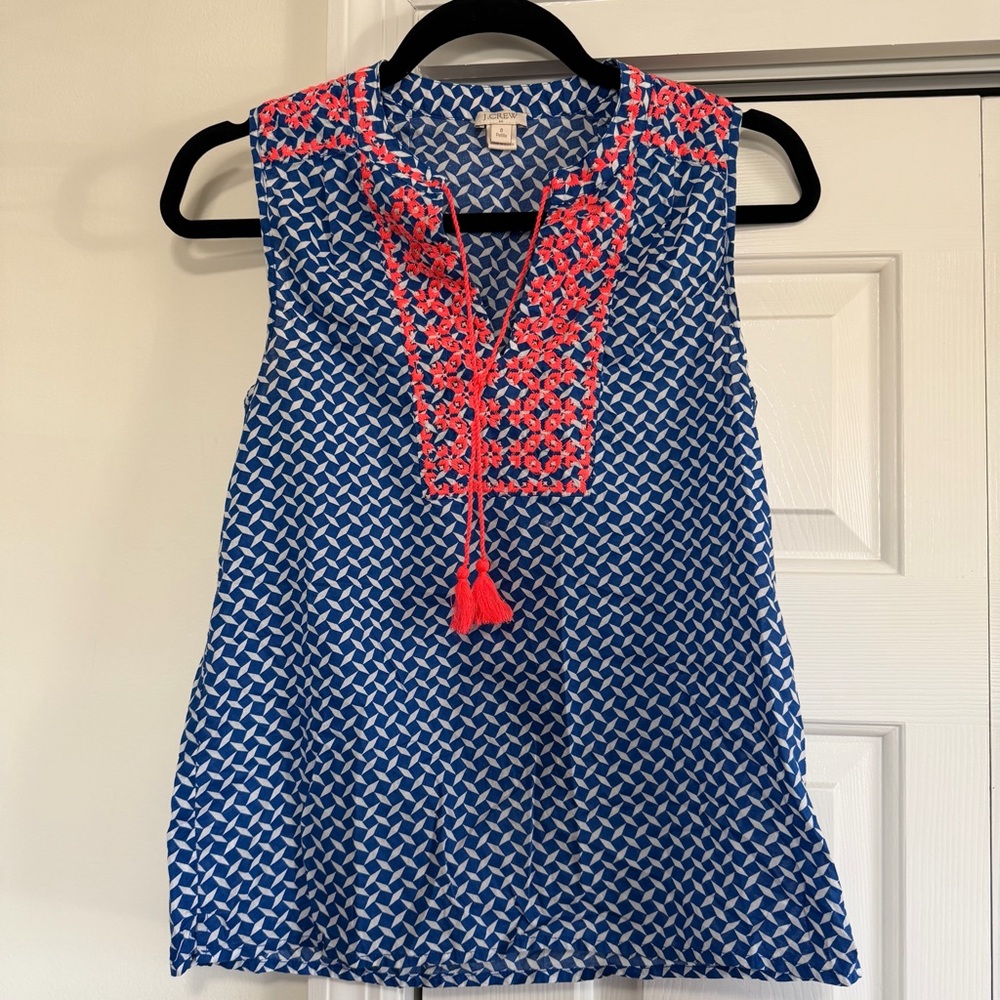 J.Crew Blue Bright Pink Embroidered Sleeveless V Neck Blouse Size O Petite